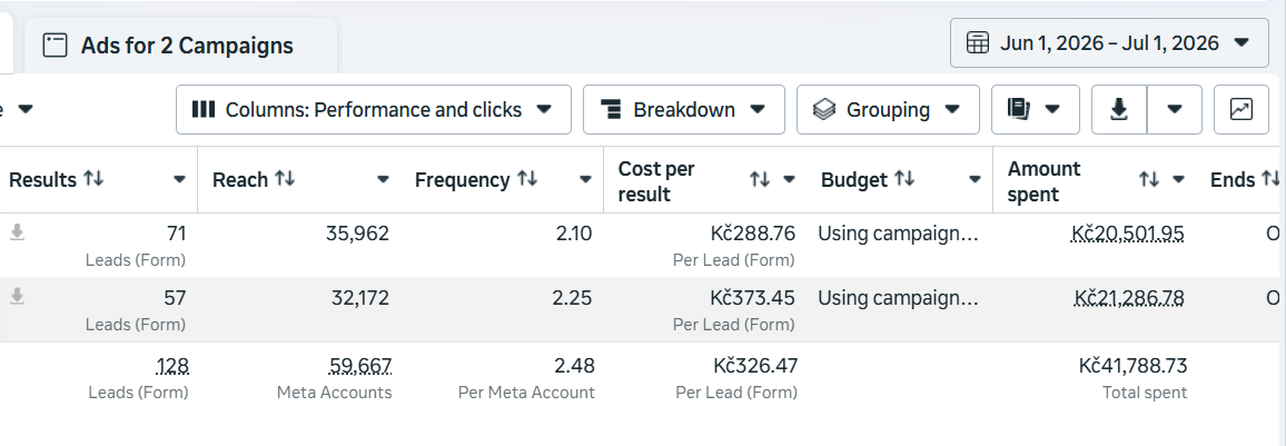 Meta Ads lead-gen campaign results — leads, reach, and cost per lead
